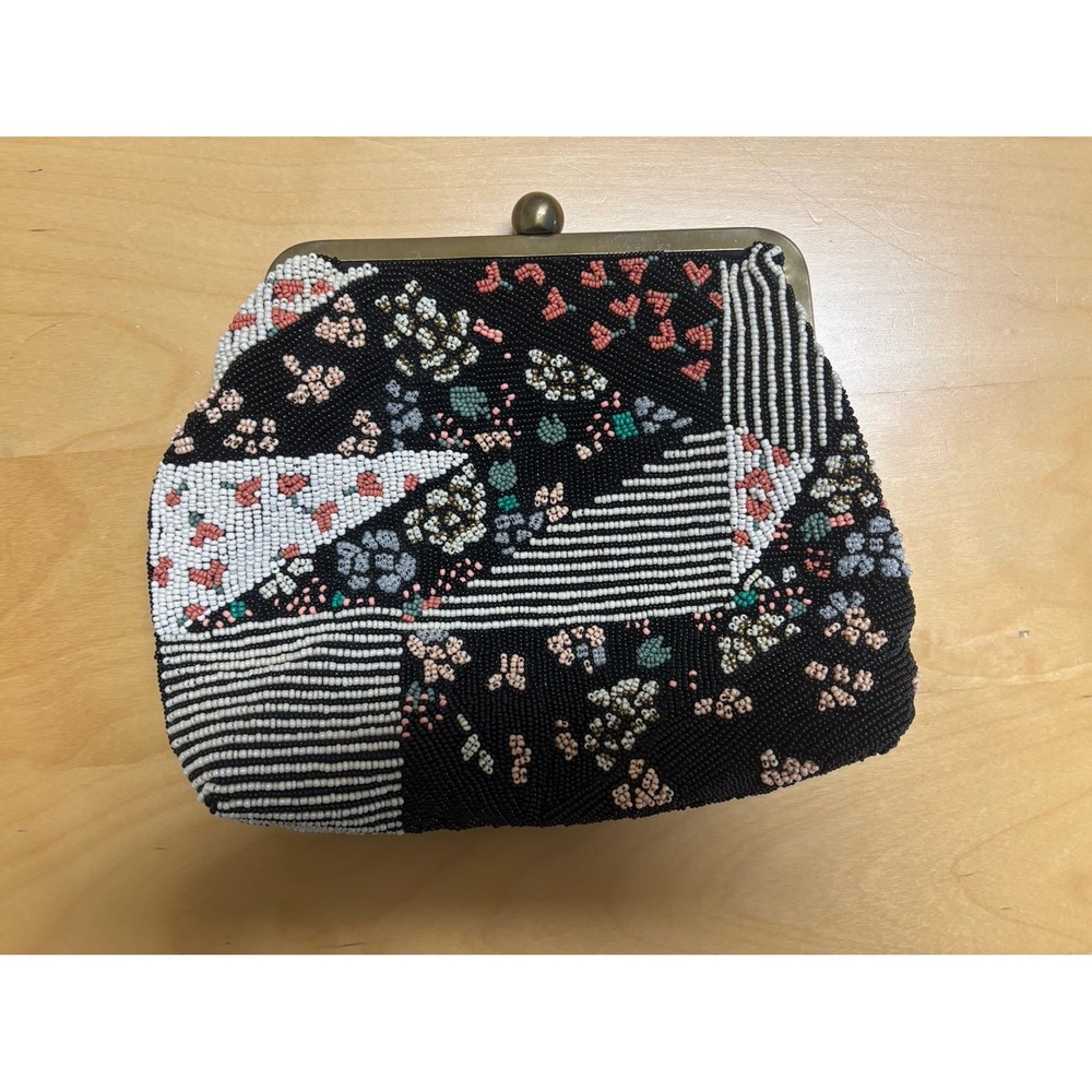 Anthropologie Beaded Clutch kisslock Bag Floral Patchwork Evening Bag
